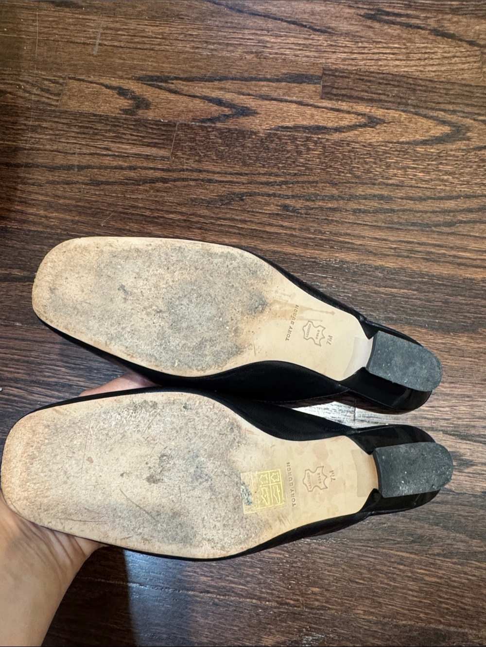Tory Burch Black Slip-On Mules with Gold Logo Medallion - Picture 3 of 6